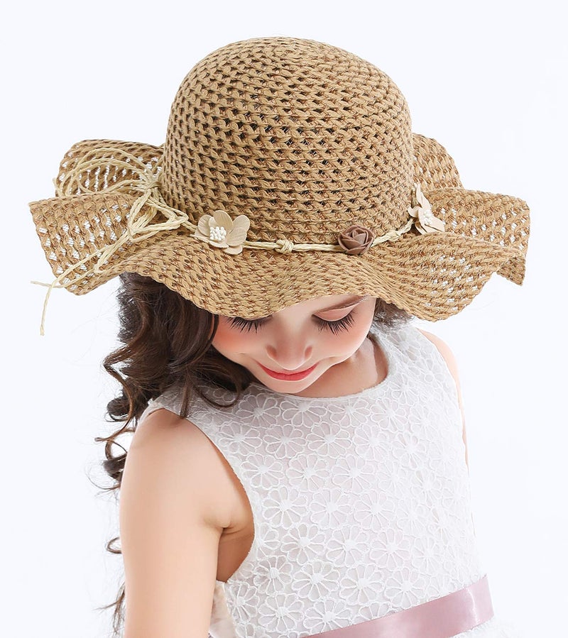 Bienvenu Kids Summer Wide Brim Hat Bowknot Beach Sun Protection Hats for Girls,Khaki - Image 4